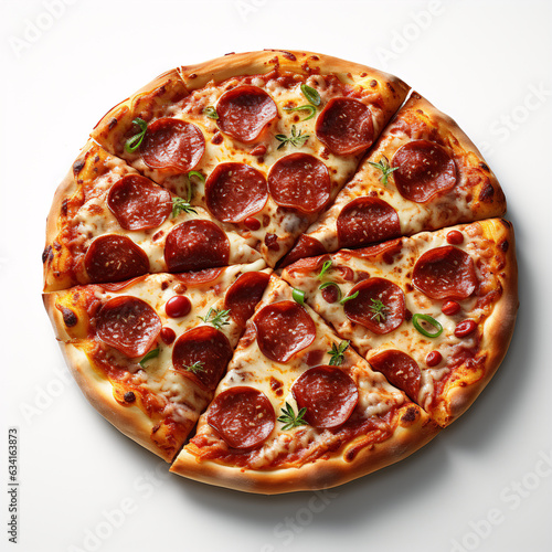 Classic pepperoni pizza with cut slices isolated on a white background.