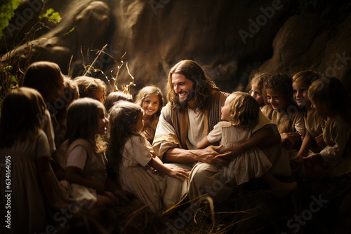 Fototapeta Jesus Christ talking to children, Jesus and children smiling