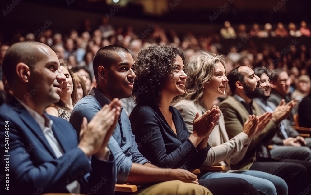 Multi ethnic audience sitting in an amphitheater and applauding