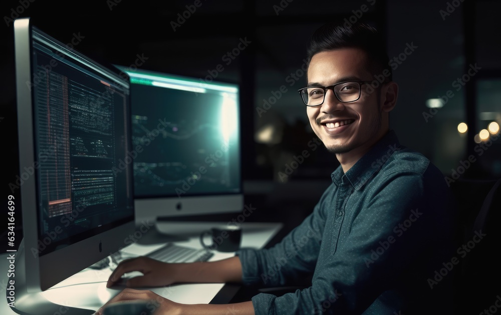 Portrait, man and smile of programmer on computer in office workplace at night, Generative AI Portrait, man and smile of programmer on computer in office workplace at night, Generative AI