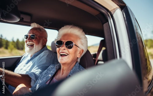 Happy Senior Couple traveling in their car, Generative AI © amankris99