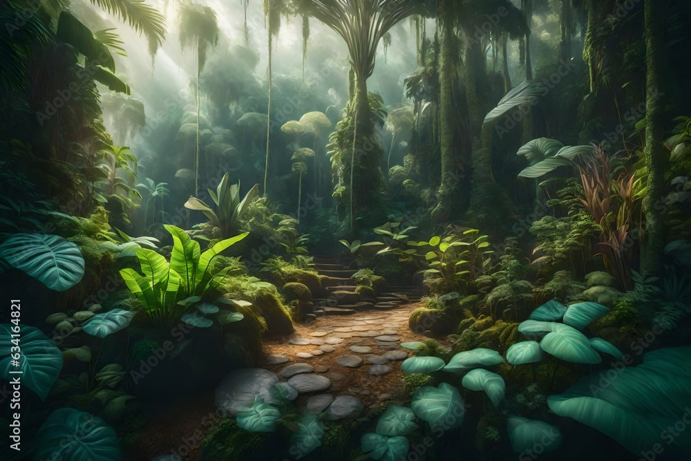 A lush, vibrant dreamy, ethereal landscape of a tropical rainforest - AI Generative