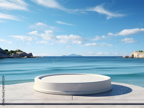 White round podium in front of blue sea and sky