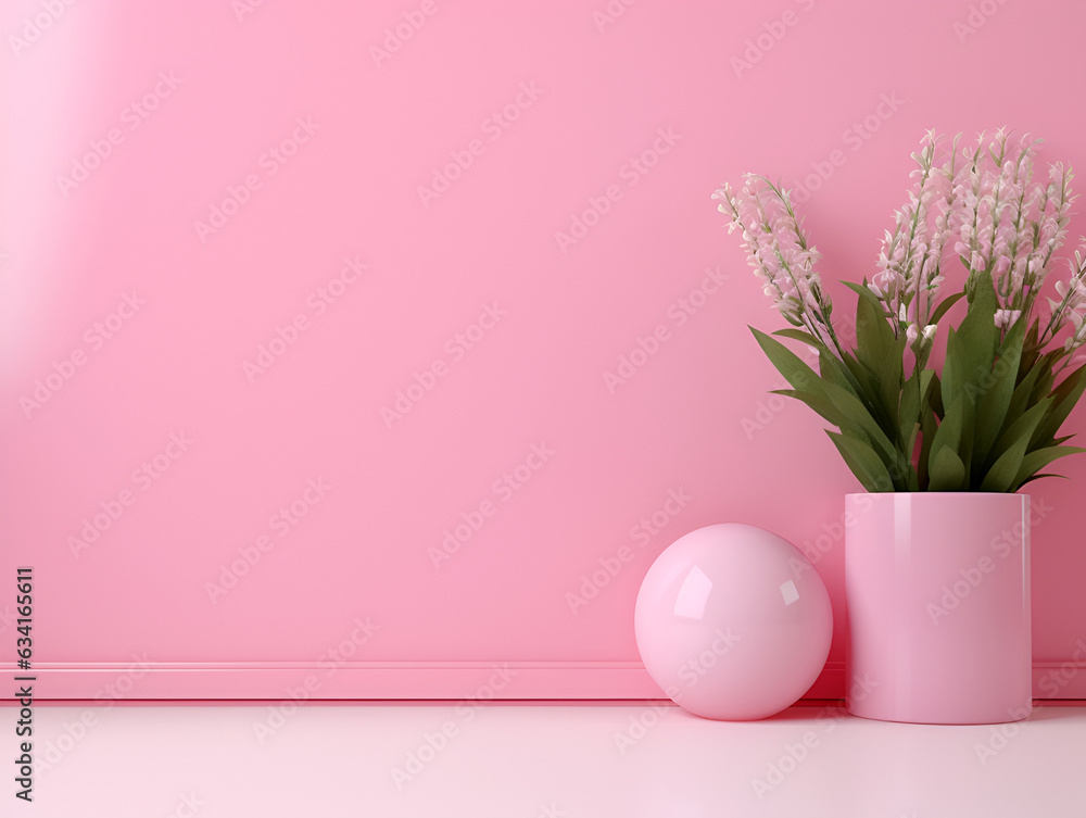 Pastel pink abstract minimalistic scene mock up with flowers, product presentation concept, ai generated Pastel pink abstract minimalistic scene mock up with flowers, product presentation concept, ai generated
