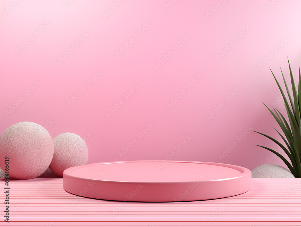 Pastel pink abstract minimalistic scene mock up with greens, product presentation concept, ai generated Pastel pink abstract minimalistic scene mock up with greens, product presentation concept, ai generated
