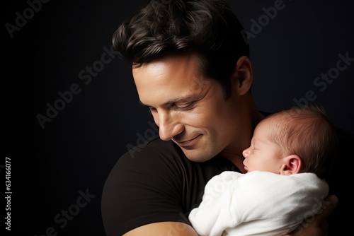Young father cradles his newborn baby in his arms