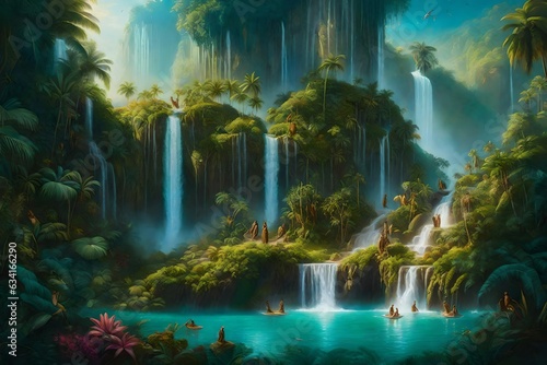 a stunning group portrait of a hidden island paradise with cascading waterfalls - AI Generative