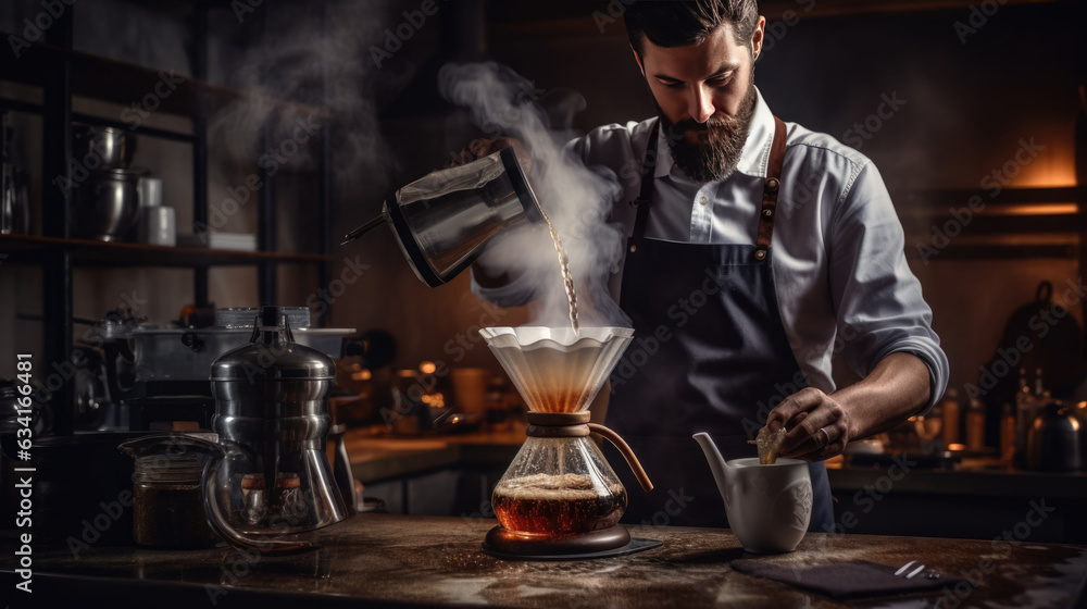 Men barista making a drip coffee, pouring hot water from kettle over a ground coffee powder. Created with Generative AI technology.