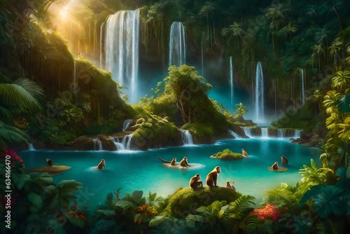 a stunning group portrait of a hidden island paradise with cascading waterfalls - AI Generative