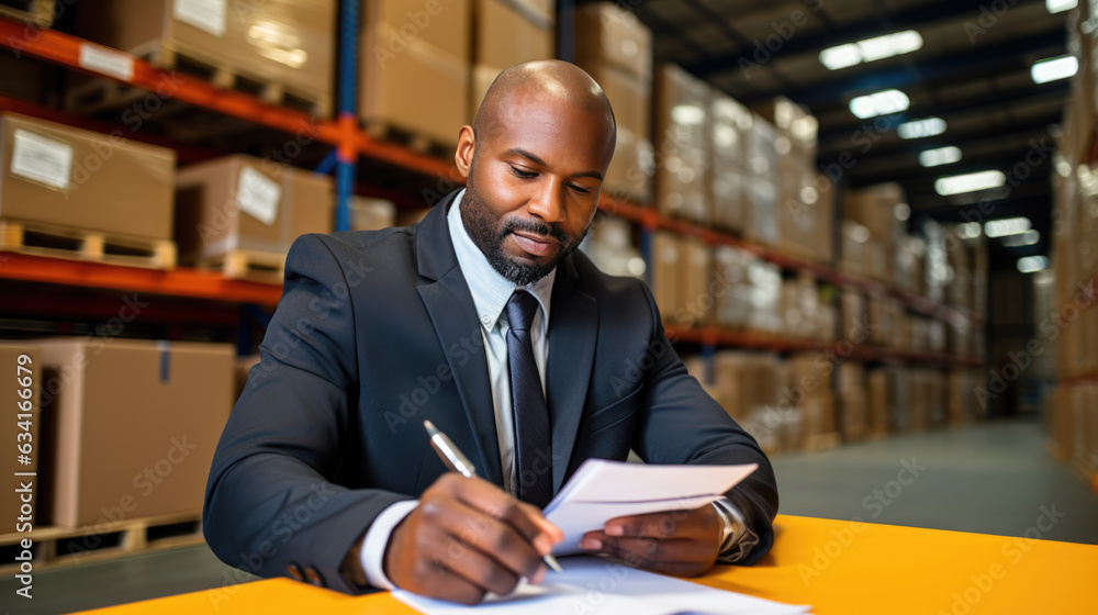 Businessman in a suit signs a contract for delivery of products against the background of a logistics center. Created with Generative AI technology. Businessman in a suit signs a contract for delivery of products against the background of a logistics center. Created with Generative AI technology.