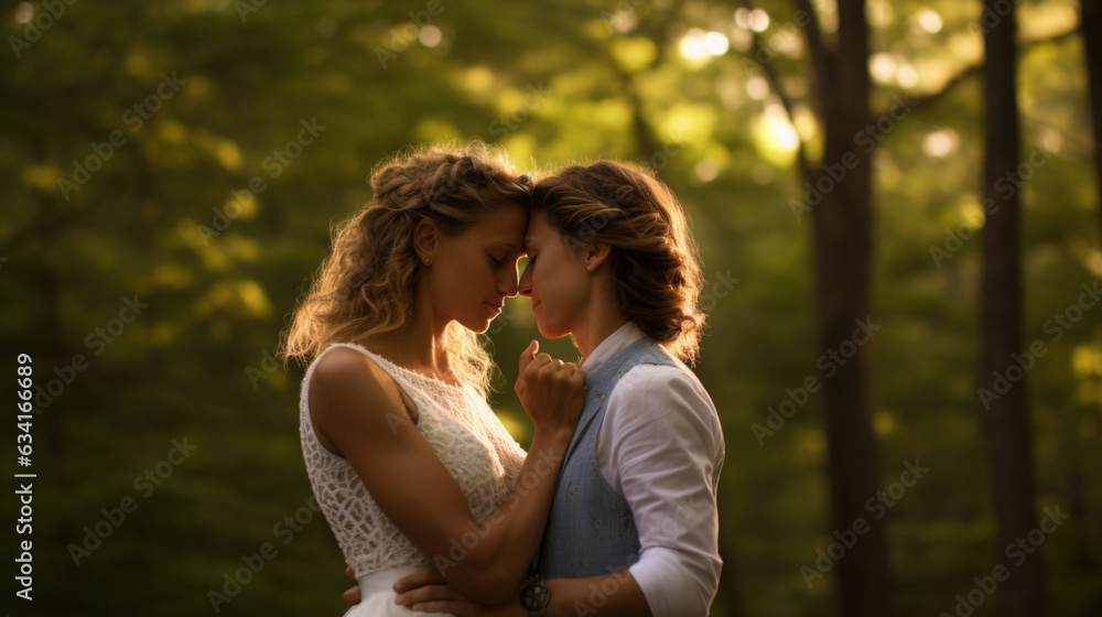 Portrait of a happy same-sex lgbt couple kissing during their wedding. Created with Generative AI technology.