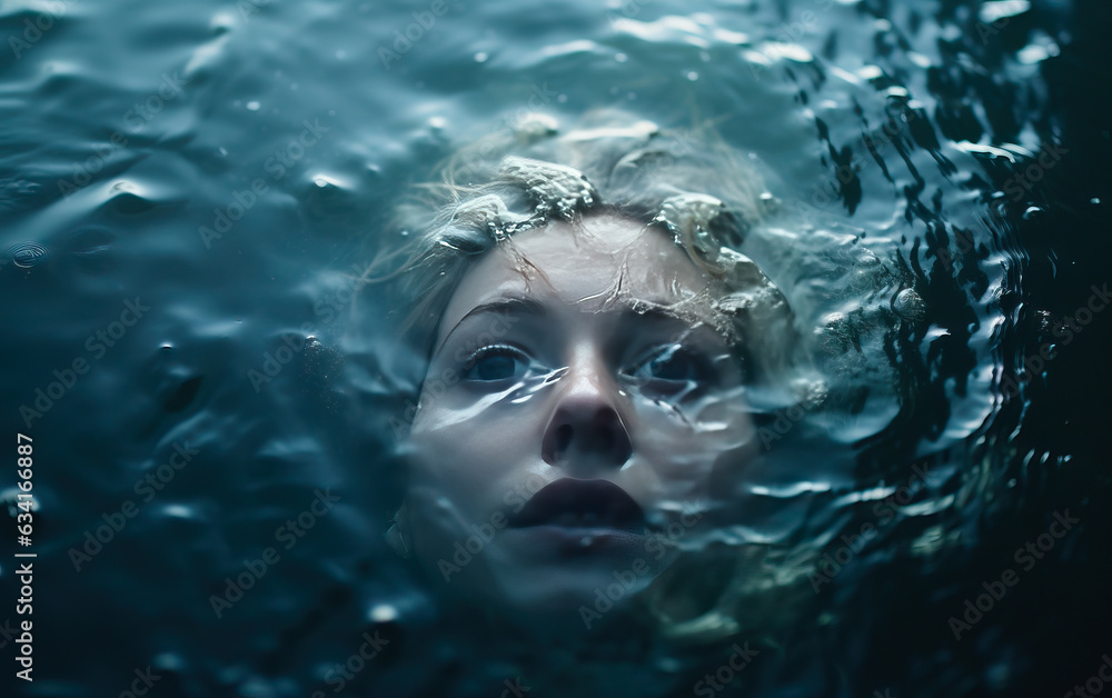 Drowning girl, head sinking below the surface of murky cold water
