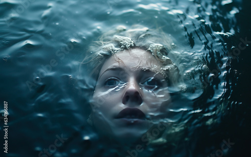 Drowning girl, head sinking below the surface of murky cold water. Concept of giving up, death and drowning at sea. 