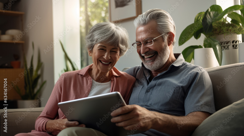 Senior couple with tablet relaxing at home. Created with Generative AI technology. Senior couple with tablet relaxing at home. Created with Generative AI technology.