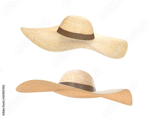 3D Rendering Sun Hat Different Angle View Isolated On Transparent Background, PNG File Add