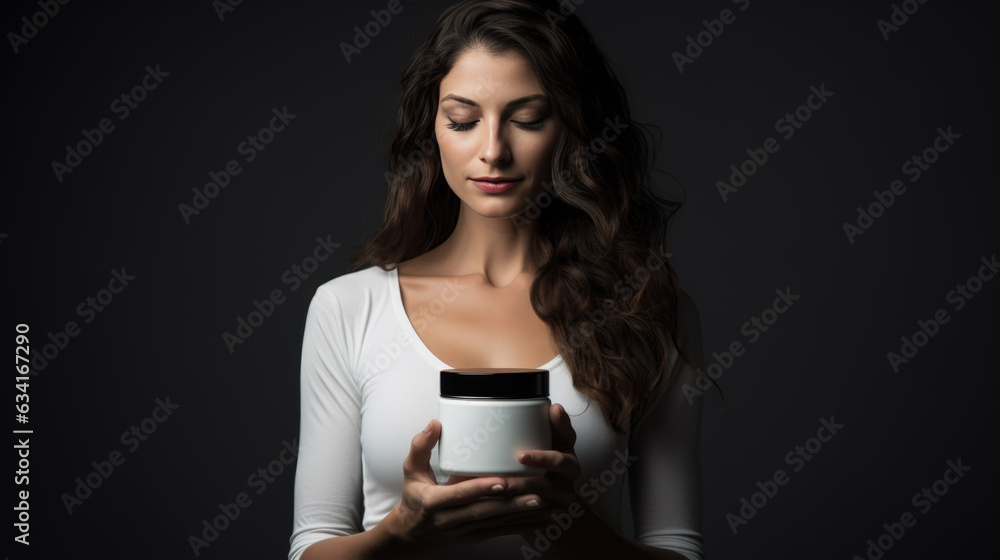 Joung woman holds jar with cosmetic cream. Attractive woman with perfect skin on dark background. Created with Generative AI technology. Joung woman holds jar with cosmetic cream. Attractive woman with perfect skin on dark background. Created with Generative AI technology.