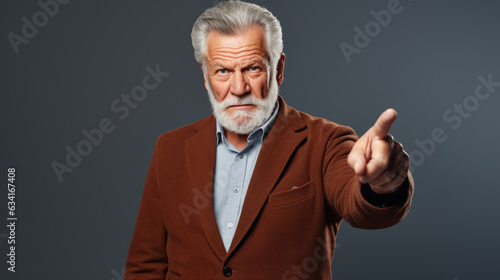 Senior man pointing with hand and finger to the side looking at the camera.