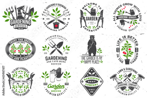 Set of gardening and yard work services emblem, label, badge, logo. Vector illustration. For sign, patch, shirt design with hand secateurs, garden pruner, watering can, bear with rake and gardening