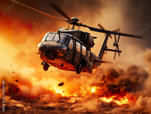 Murais de parede In a desert turmoil, a military chopper navigates through smoke and flames, embodying determination and courage in the face of chaos
