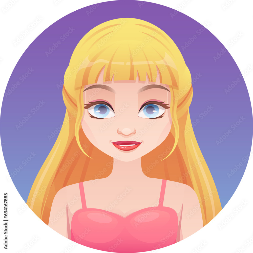 Avatar of trendy pink doll with big blue eyes and blonde hair. Pink dress on doll. Vector illustration in cartoon style, garish vector Avatar of trendy pink doll with big blue eyes and blonde hair. Pink dress on doll. Vector illustration in cartoon style, garish vector