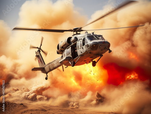 In a desert turmoil, a military chopper navigates through smoke and flames, embodying determination and courage in the face of chaos. Generic military chopper.