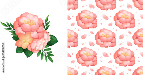Set of beautiful pink peony and romantic pattern with flowers and petals for printing on fabric, clothing, goods. Vector illustration in cartoon style, garish vector