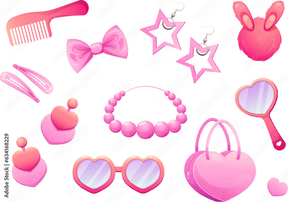 Set of trendy pink accessories and jewelry for dolls, princesses, girls. Star earrings, hearts, beads, bag, hairpin.