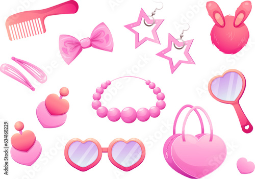 Set of trendy pink accessories and jewelry for dolls, princesses, girls. Star earrings, hearts, beads, bag, hairpin. photo