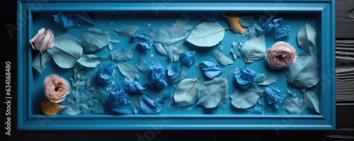 A vignette of petals and leaves showcased in a brightblue frame photo