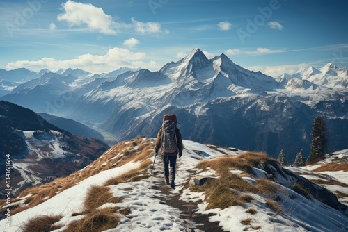 Footprints in the Snow: Capturing a Traveler Hiking up a Snow-Covered Mountain or Hill, Tracking Their Journey toward a Distant Goal Generative AI