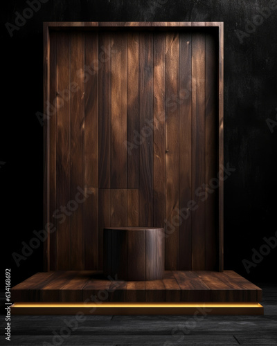 Dark wood paneling. Minimalist mockup for podium display or showcase. AI generation