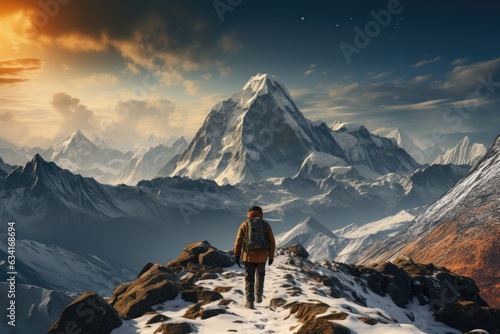 Journey through the Frost: A Solo Traveler Treks up Snowy Terrain, Footprints Tracing the Way toward a Distant Peak or Destination Generative AI © furyon