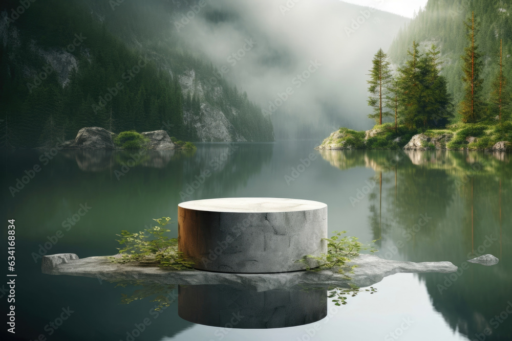 Fototapeta premium A lake surrounded by secondary vegetation Minimalist mockup for podium display or showcase. AI generation