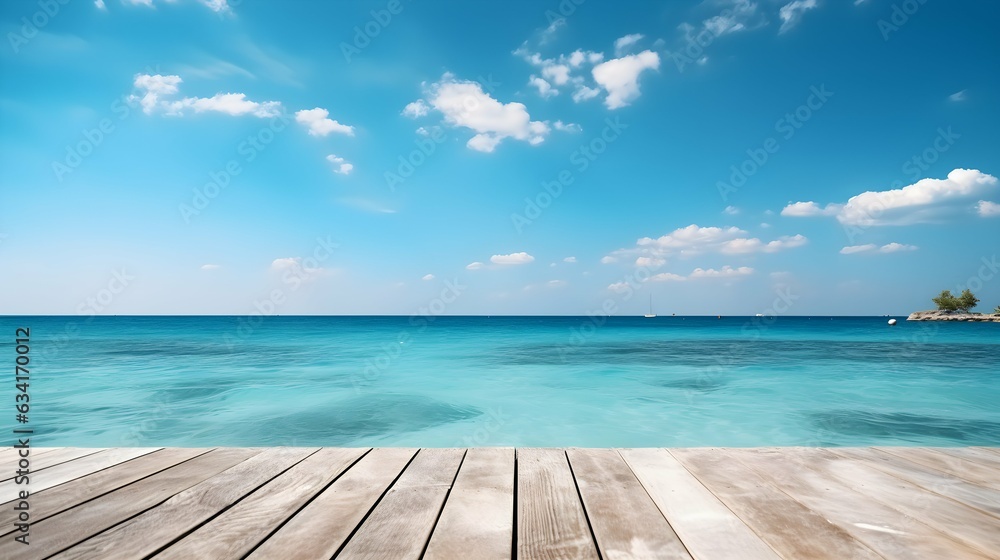 Wooden floor and blue sky background with white clouds over the sea
