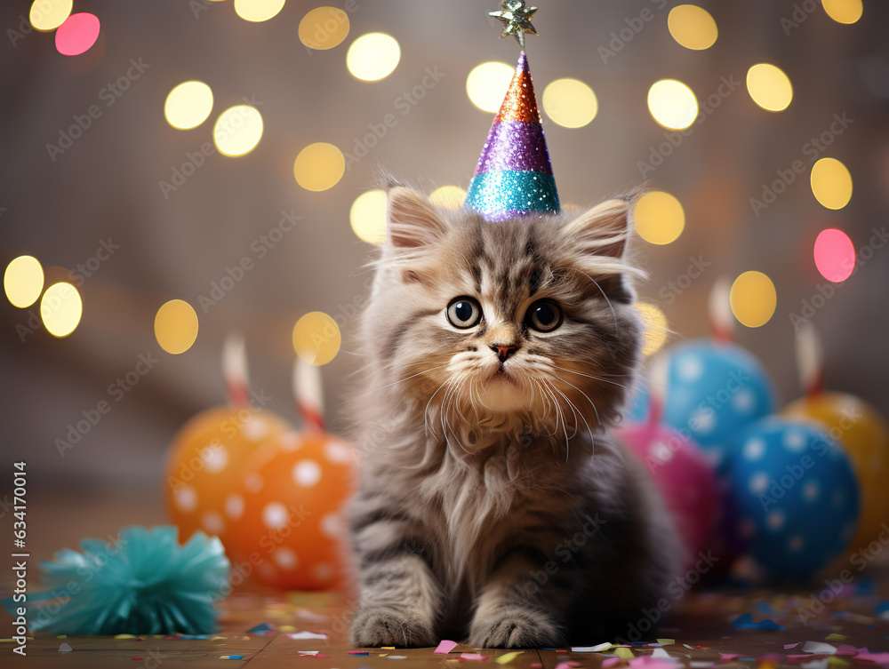 Domestic cat in a hat celebrates a birthday. Pet care