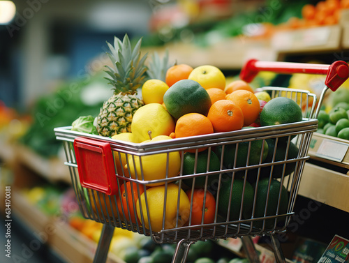 Shopping cart full of fruits and vegetables. World Vegetarian Day