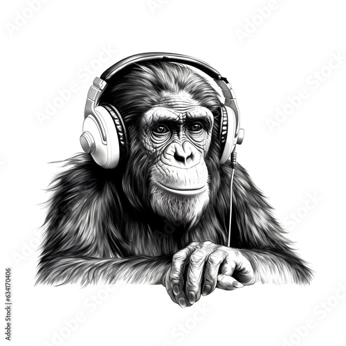Chimpanzee with headphones listening to music
