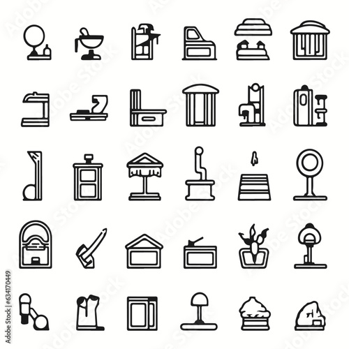 Outline icon set, isolated white background, hero icons, silhouettes, simple, renovation, construction, furniture, etc.