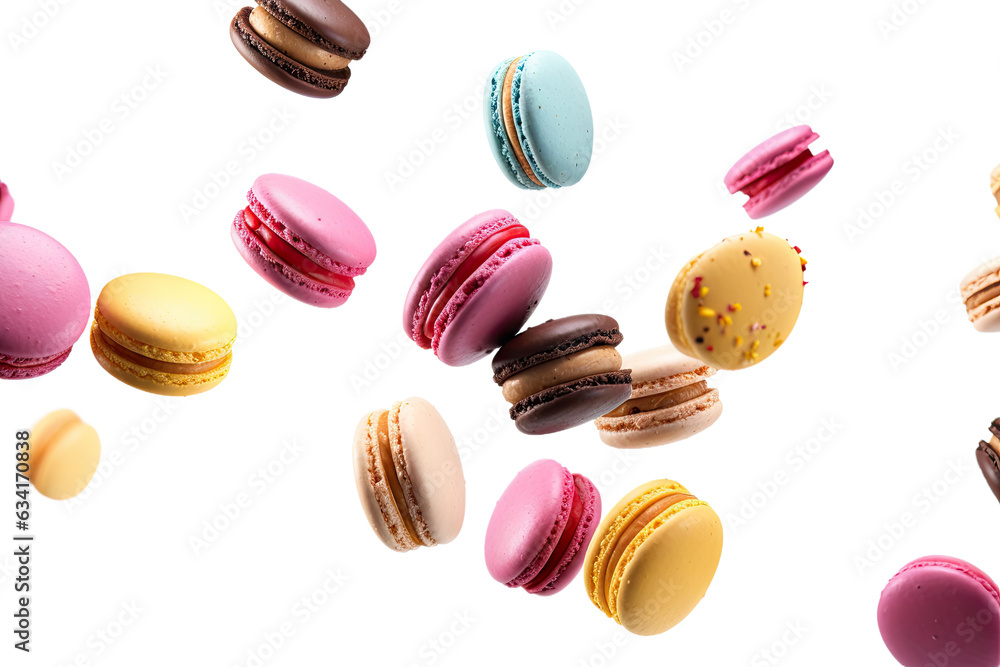 Various colorful of macarons floating on the air isolated on clean png background, Desserts sweet cake concept, with Generative Ai. Various colorful of macarons floating on the air isolated on clean png background, Desserts sweet cake concept, with Generative Ai.