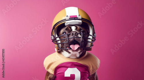 American Football Dog. Colorful. Empty Copy space on the side. Generative AI. photo