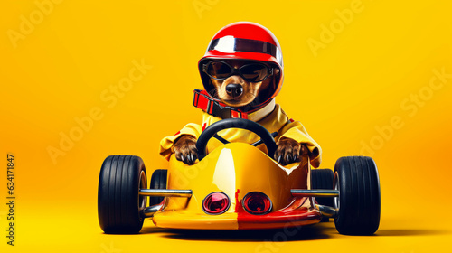 Kart Racing Dog. Colorful. Empty Copy space on the side. Generative AI.
