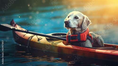 Kayaking Dog. Colorful. Empty Copy space on the side. Generative AI.
