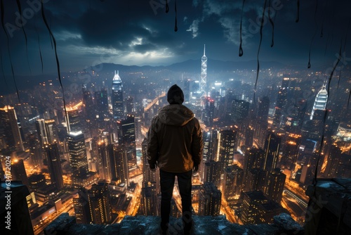 Skyward Reverberations: A Person Stands on a Skyscraper, City Lights Below Glimmering in View, Reflecting a Symphony of Urban Journeys Generative AI