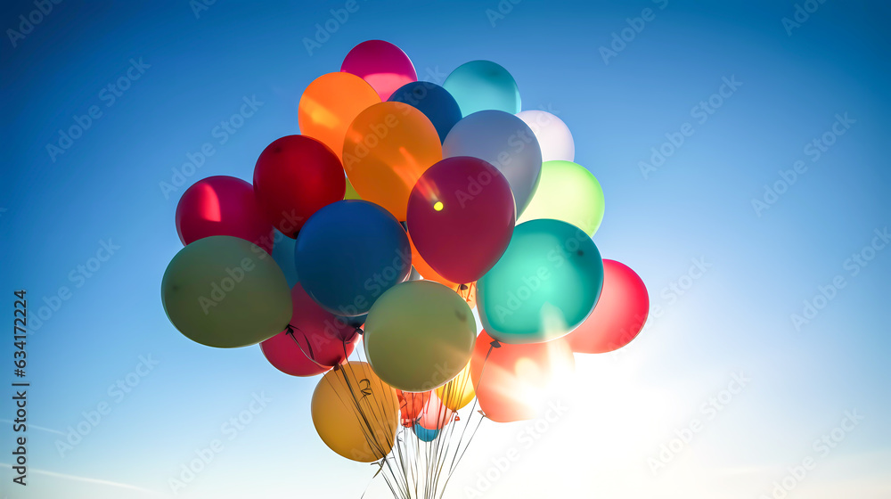 Colored balloons on the background of the blue sky. Generative AI technology.