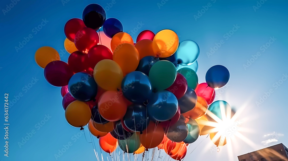 Colored balloons on the background of the blue sky. Generative AI technology. Colored balloons on the background of the blue sky. Generative AI technology.