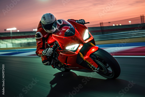 Motorcycle racer on a racing track photo