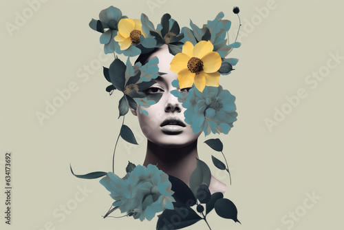 Abstract fashion art paper collage. Portrait of a woman with many flowers. Generative AI