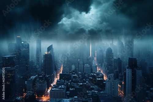 Cityscape at night with stormy sky and lightning. 3D rendering. Storm over the city at night as a concept for climate change. photo