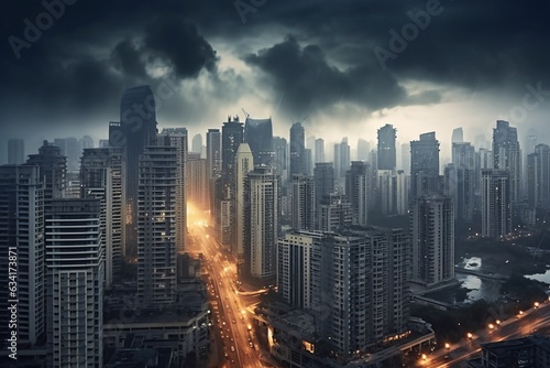 Cityscape at night with stormy sky and lightning. 3D rendering. Storm over the city at night as a concept for climate change. photo