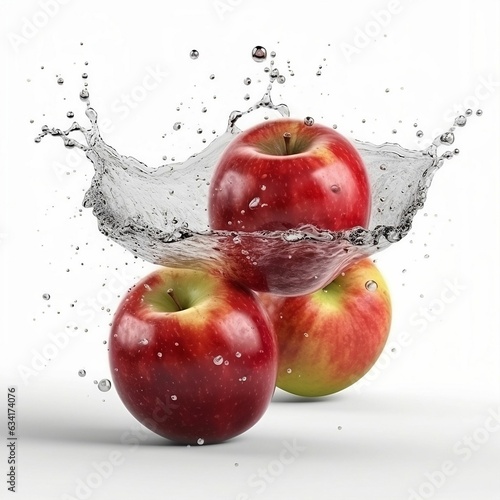 Three apples with water splash indicates freshness on white background. Generative AI.